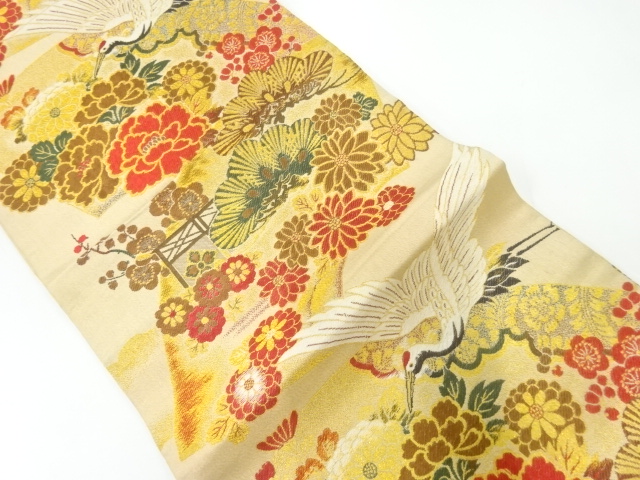 JAPANESE KIMONO / ANTIQUE MARU OBI / WOVEN CRANE & FLORAL PLANTS
